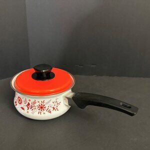Vintage Red and White Debonaire Floral Enamel Saucepan
